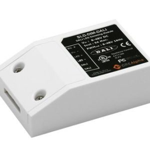 A small white device with an opening on the side and two screws on top with a black label stating SLD-DIM-DALI along with other details